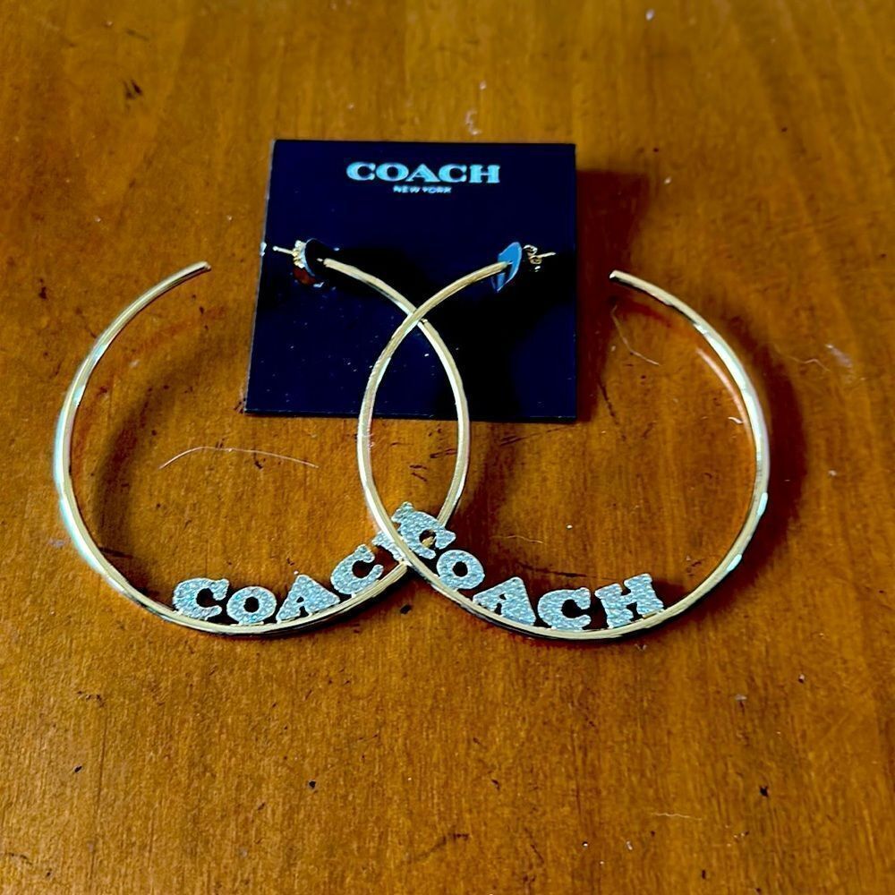 COACH Women’s Signature Logo Large Hoop Earrings Goldtone 3 in Diameter NEW